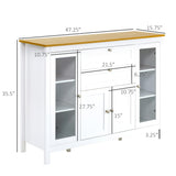 HOMCOM 47" Sideboard, Buffet Cabinet with Rubber Wood Top, Glass Door, Coffee Bar Cabinet, Kitchen Cabinet with Drawers, Adjustable Shelving for Living Room, White HOMCOM