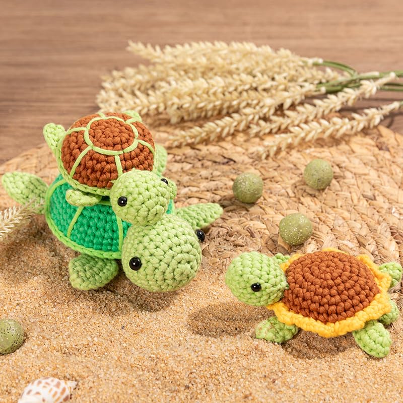 Mewaii Beginner Crochet Kit with 40% Extra Yarn, Pre-Started Yarn & Video Tutorials - 3 Sea Turtles Craft Set for Adults & Kids Mewaii