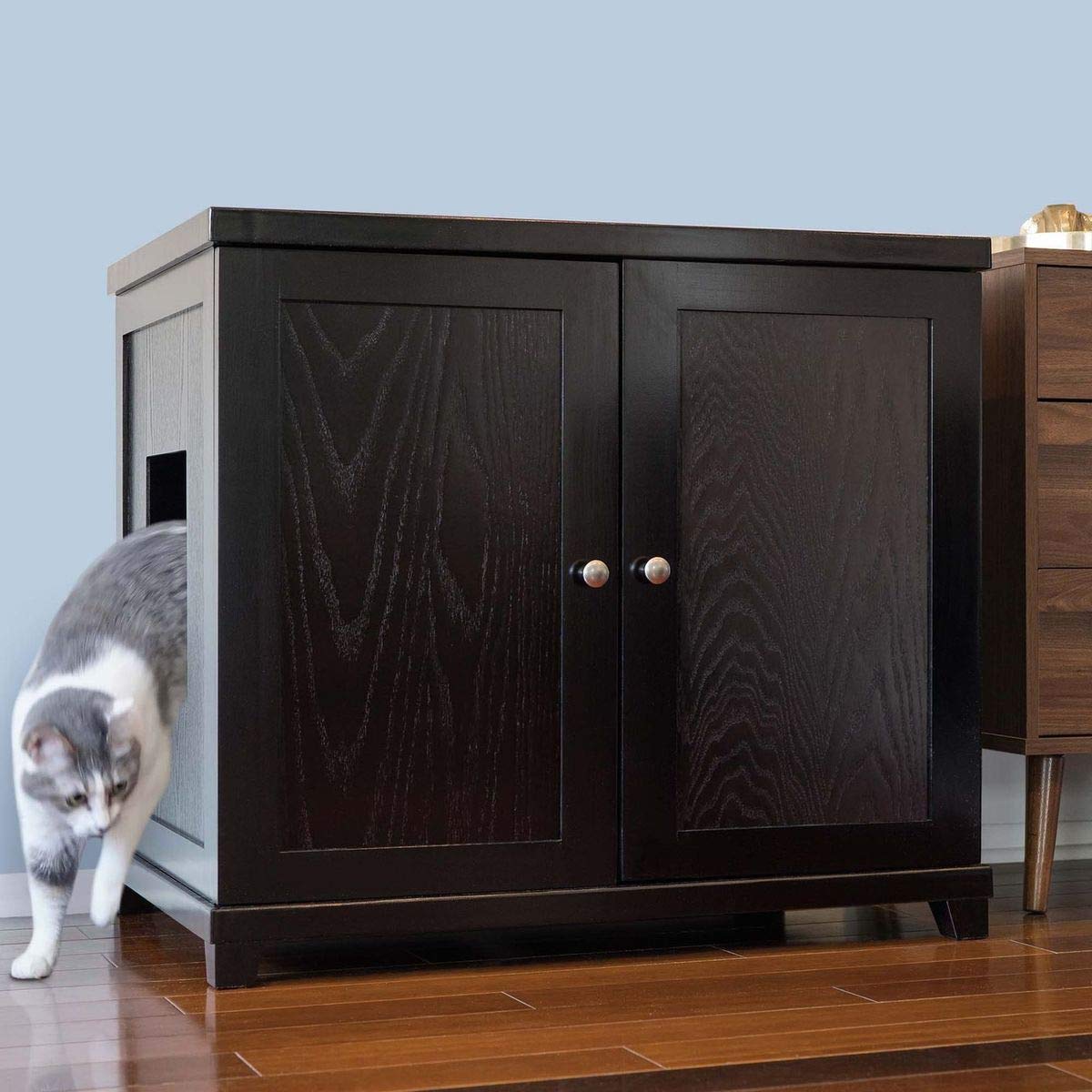 THE REFINED FELINE Cat Litter Box Enclosure Cabinet, Modern, Black Espresso, Tapered Feet, XLarge, Hidden Litter Cat Furniture with Drawer - WoodArtSupply