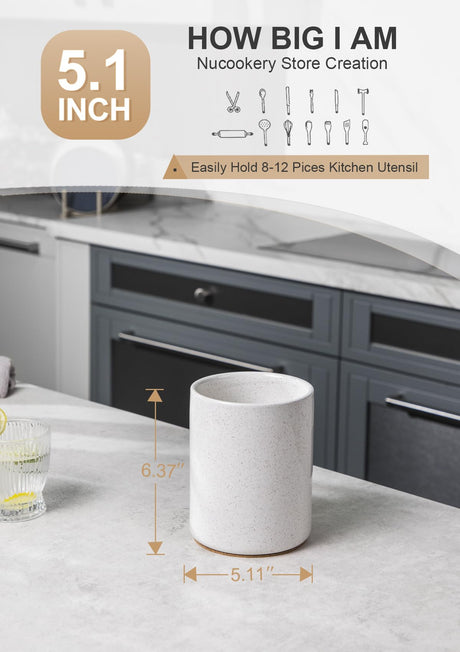 Nucookery Utensil Holder, 6.4" Ceramic Kitchen Utensil Holder for Countertop with Protection Cork Bottom, Vintage Farmhouse Kitchen Decor for Counter, Gift (Sand) Nucookery