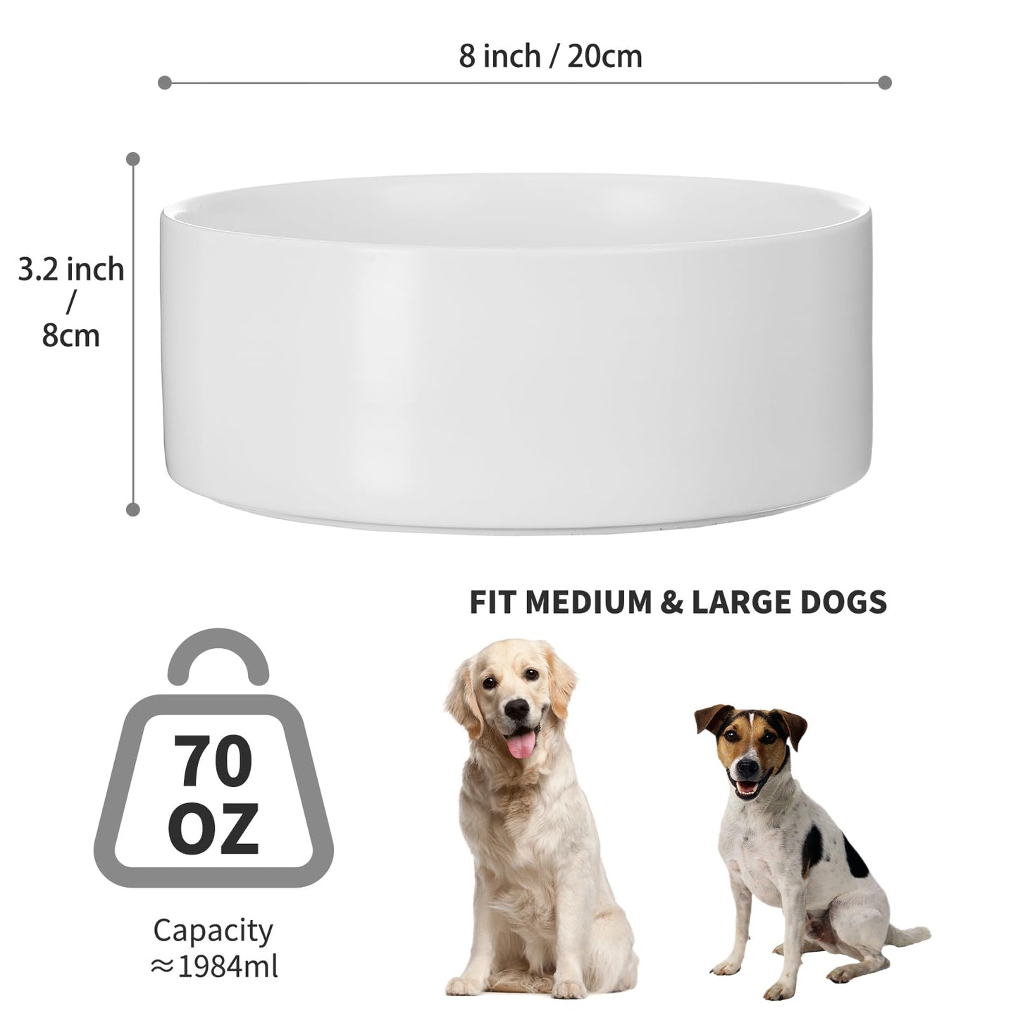 Welloyed 8'' Ceramic Dog Bowl - 70Oz Classic Dog Food Bowl Water Bowl for Medium and Large Breeds, Heavy-Duty Non-Slip Dog Dish, Food Grade Stoneware Pet Bowl, Dishwasher & Microwave Safe, White