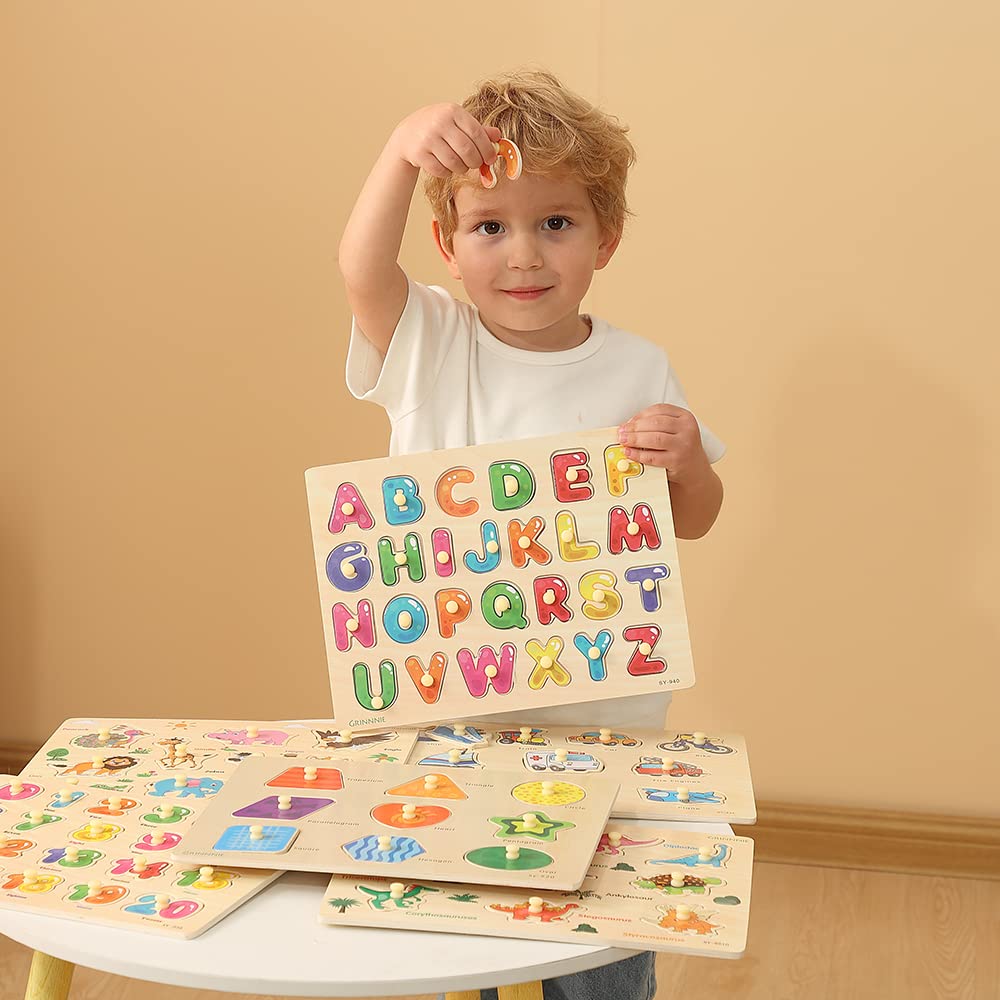 GRINNNIE Wooden Peg Puzzle for Toddlers, 6 Pack Toddler Puzzles Set for 3 4 5 Years Old (Alphabet Number Shape Animal Dinosaur Vehicle), Preschool Education Learning Puzzle Toys for Girls and Boys GR GRINNNIE