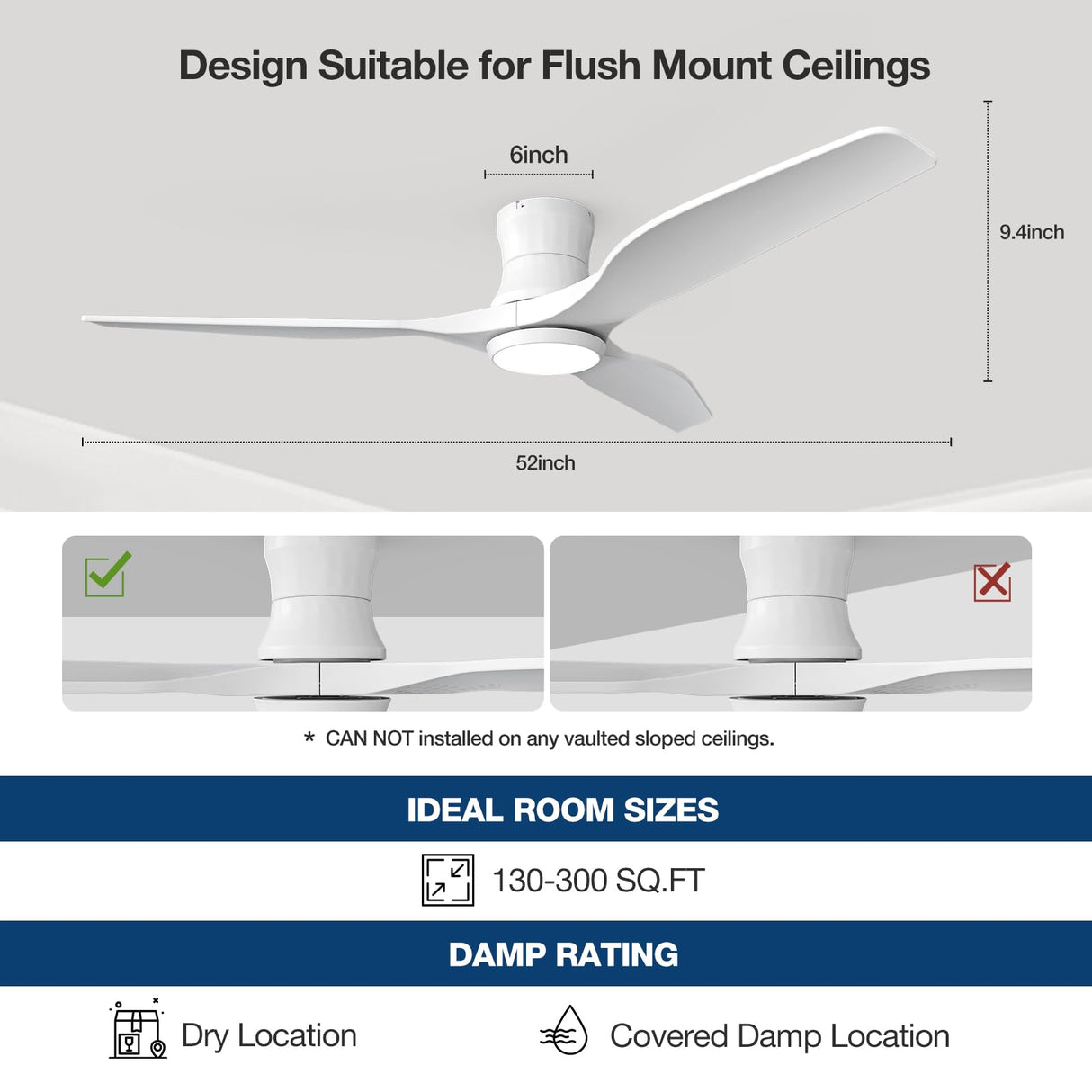 NOPAARD Smart 52" Wood Flush Mount Ceiling Fans with Lights Remote,Quiet DC Motor,Indoor Low Profile Ceiling Fan,Voice Contorl with Alexa App Control, High CFM, Dimmable LED Light, White Wood NOPAARD