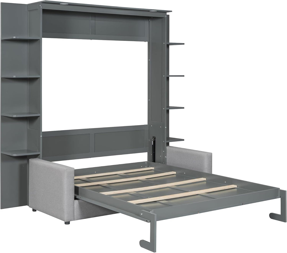 MERITLINE Queen Murphy Bed with Couch and Storage Shelves,Wood Murphy Bed Cabinet with Storage Shelves and Sofa,Fold up Bed Grey Murphy Wall Bed Queen Size MERITLINE