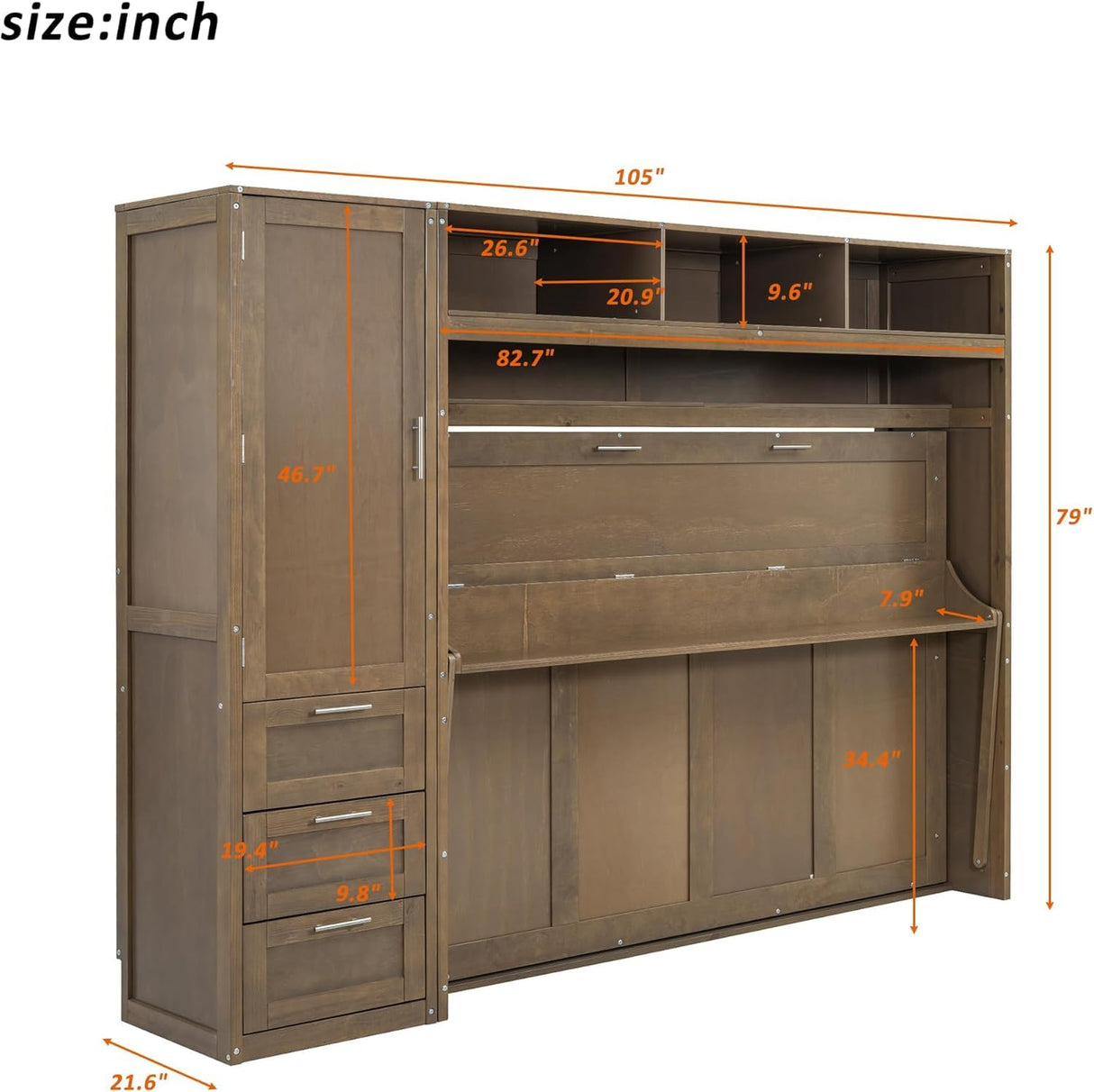 MERITLINE Full Horizontal Murphy Bed with 1 Wardrobe, 3 Drawers and 3 Open Shelves,Antique Wood Folding Murphy Wall Bed Cabinet MERITLINE