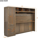 MERITLINE Full Horizontal Murphy Bed with 1 Wardrobe, 3 Drawers and 3 Open Shelves,Antique Wood Folding Murphy Wall Bed Cabinet MERITLINE