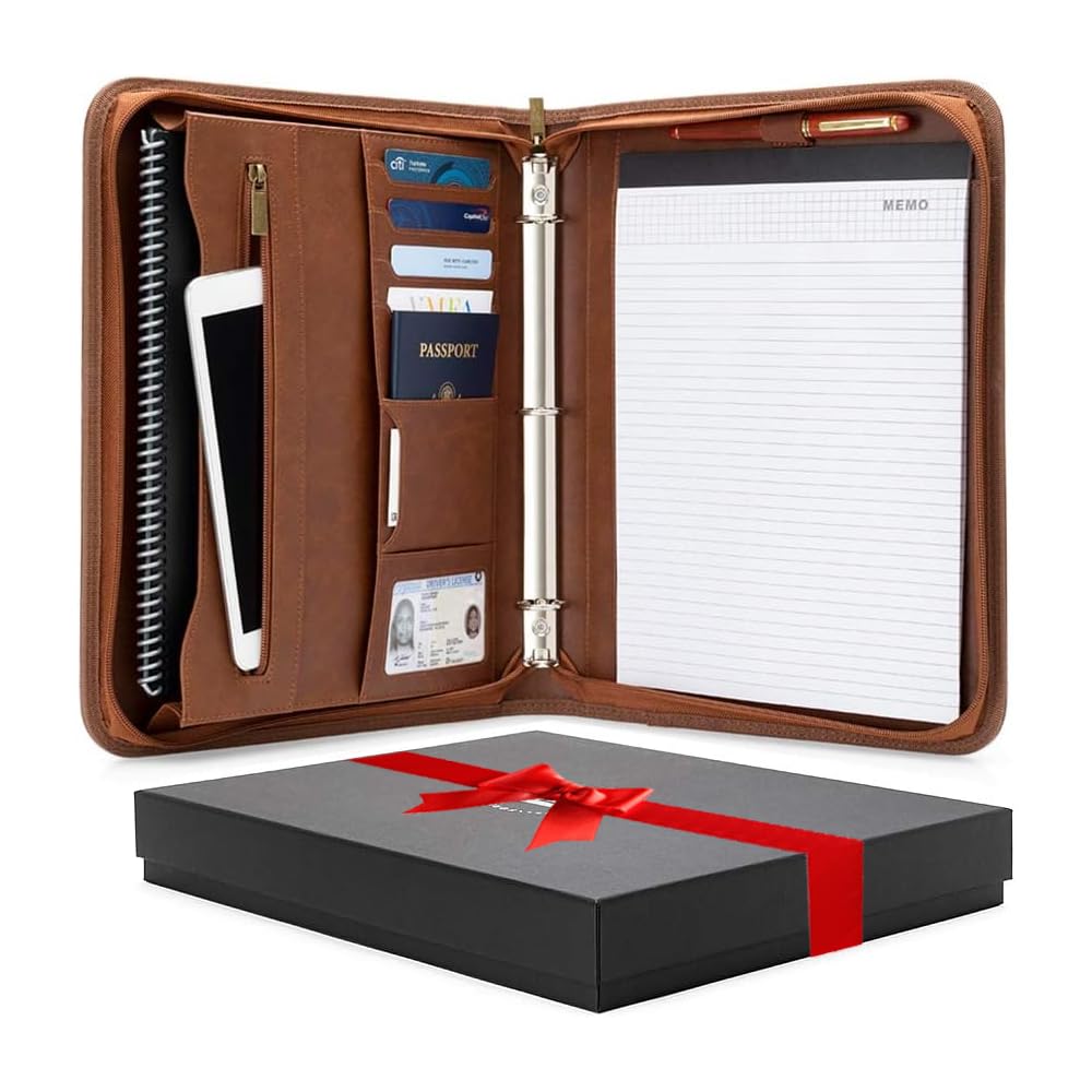 Forevermore Portfolios Portfolio Organizer - 3 Ring Binder with Notepad - 1.5 Inch Rings - Zippered Storage Pockets for Papers, Travel Documents, Presentation Folder, Cards, Passport, Tickets - Brown Forevermore Portfolios