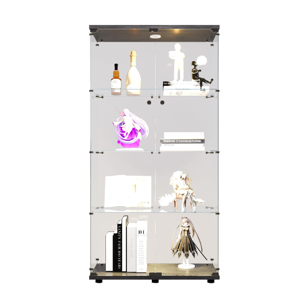 64.7" Glass Display Cabinet 4-Shelf Black Display Case with LED Light and Two Glass Doors Modern Curio Collection Cabinet, Floor Standing Bookshelf for Living Room Office（Black 64.7"x31.7"x14.3"） Fulocseny