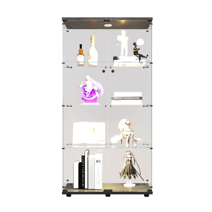 64.7" Glass Display Cabinet 4-Shelf Black Display Case with LED Light and Two Glass Doors Modern Curio Collection Cabinet, Floor Standing Bookshelf for Living Room Office（Black 64.7"x31.7"x14.3"）