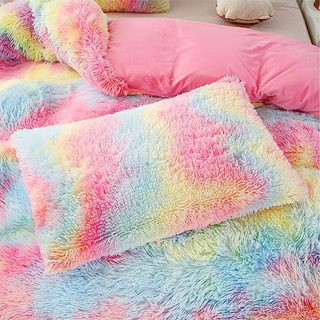 PERFEMET Pink Faux Fur Fluffy Comforter Twin 3-Piece Colorful Rainbow Plush Shaggy Bedding Sets for Girls Tie Dye Fuzzy Furry Comforter Set(Pink, Twin) PERFEMET