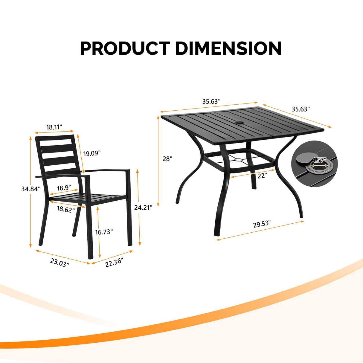 VINGLI 5-Piece Outdoor Dining Set, Metal Patio Dining Set for 4, Square Dining Table with Umbrella Hole & 4 Stackable Patio Chairs for Porch, Deck and Backyard VINGLI