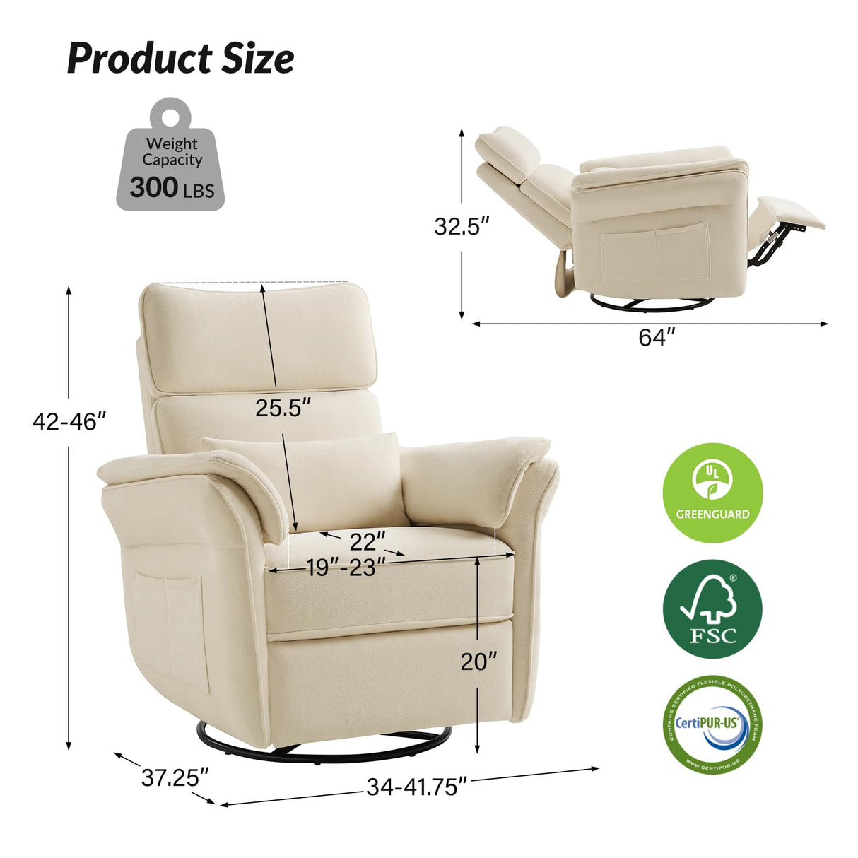 HULALA HOME Nursery Glider Recliner with Adjustable Headrest and Armrests, Power Swivel Rocker Recliner Chair with USB Port and Storage Bags, GREENGARD, FSC, CertiPUR-US® Certified, Beige HULALA HOME