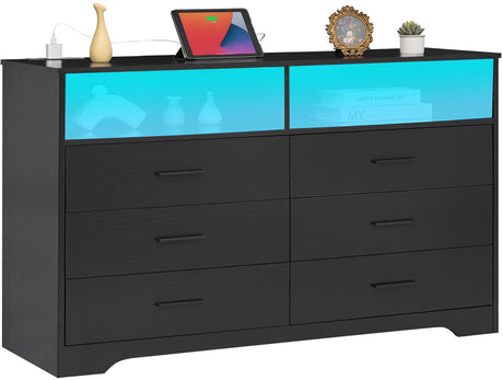 Dresser for Bedroom, Wood Dressers & Chests of Drawers with 6 Drawers, Bedroom Dresser with Charging Station and LED Lights, 48" Wide Chest of Drawers for Bedroom, Hallway, Living Room, Black LIDYUK