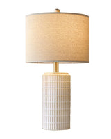PoKat 23'' Bedside Table Lamp for Bedroom Nightstand - Ceramic Lamp for Living Room, White Night Stand Light Lamp with Round Linen Shade, Modern Bedroom Lamp Beige PoKat