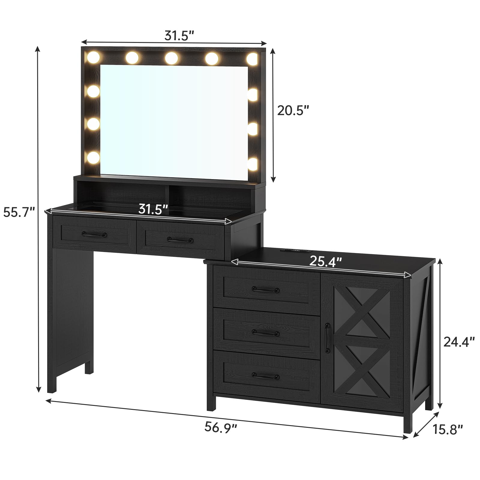 BTHFST Makeup Vanity with Glass Top & Charging Station, Vanity Desk with Large Mirror and Lights, Farmhouse Makeup Desk with Drawers & Dresser, - WoodArtSupply