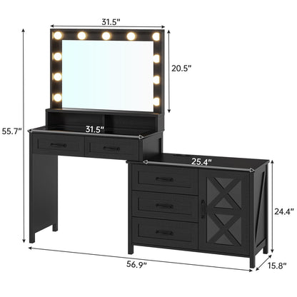 BTHFST Makeup Vanity with Glass Top & Charging Station, Vanity Desk with Large Mirror and Lights, Farmhouse Makeup Desk with Drawers & Dresser, - WoodArtSupply