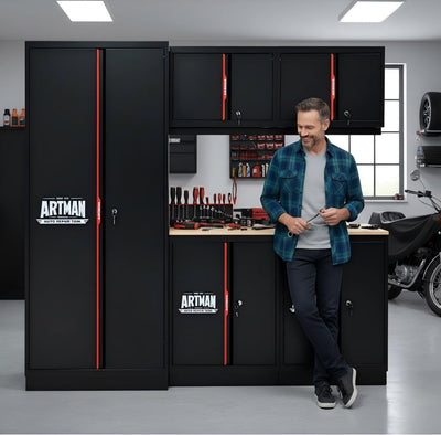 ELIHGTBY 72 inch 6-PCS Modular LED Light Garage Cabinet System Heavy-Duty Steel Workbench with Cabinets Complete Garage Storage System with Solid Wood Top Lockable Drawers for Workshop