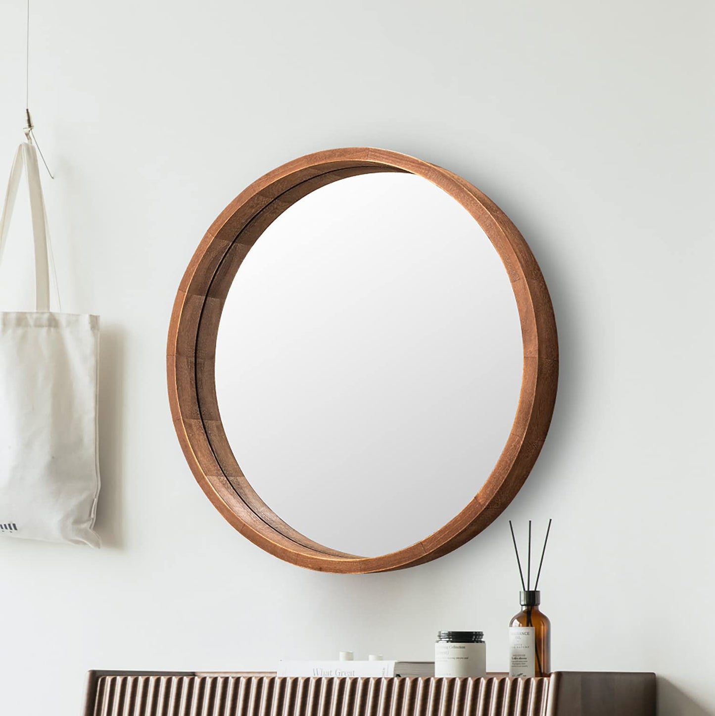 LYYYXGYP Round Wood Mirror 24 Inch Farmhouse Wall Mirror Wooden Framed Brown Circle Mirror for Bathroom - WoodArtSupply