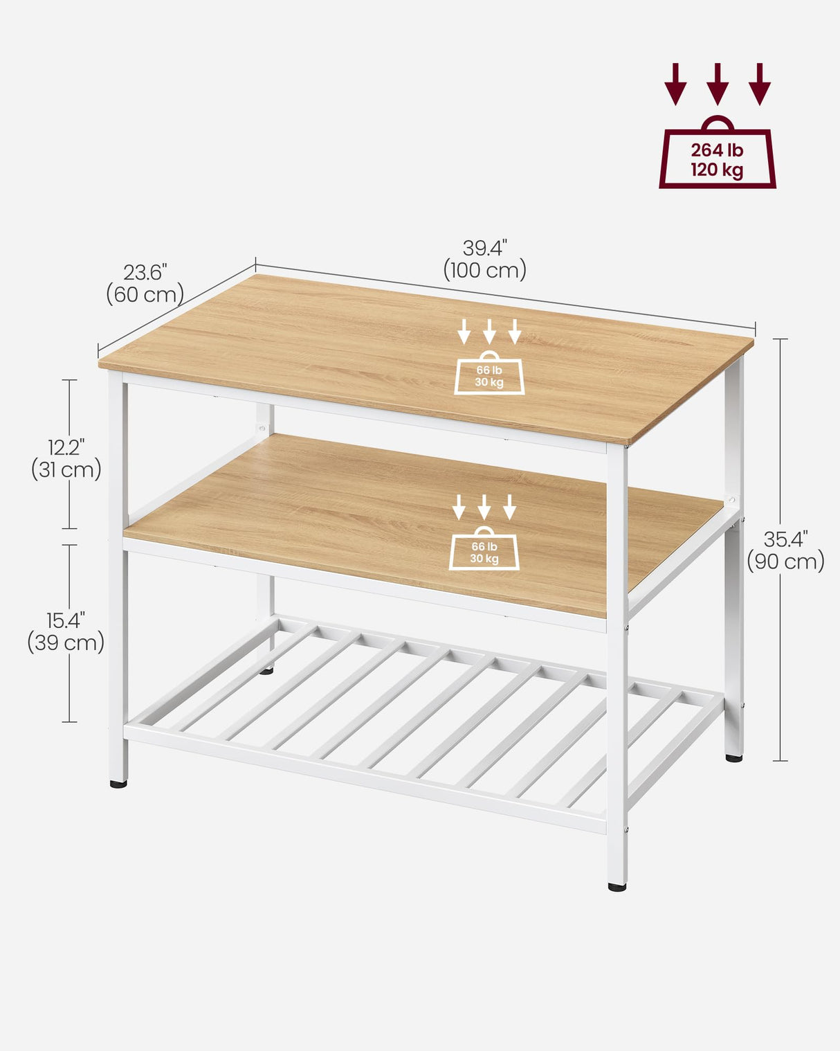 VASAGLE 39.4-Inch Kitchen Island with 3 Shelves, Large Worktop, and Stable Steel Structure in Oak and White VASAGLE