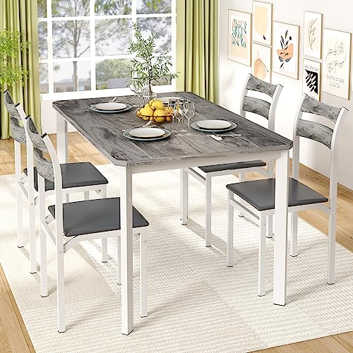 DKLGG Dining Table Set for 4, 43.3" Dining Room Table with 4 Upholstered PU Leather Chairs, Modern Wood Kitchen Table and Chairs Set, 5-Piece Dinette Set for Breakfast Nook, Small Places, Grey