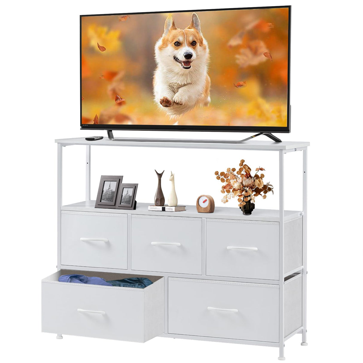 Sweetcrispy 5 Fabric Drawer Dresser TV Stand for Bedroom, Entertainment Center for 45 Inch TV with Storage Drawer Unit, Open Shelf, Adjustable Feet, Living Room, White Sweetcrispy