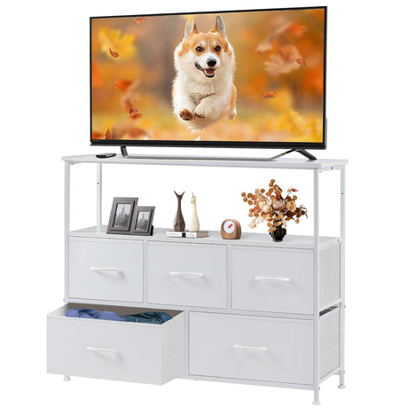 Sweetcrispy 5 Fabric Drawer Dresser TV Stand for Bedroom, Entertainment Center for 45 Inch TV with Storage Drawer Unit, Open Shelf, Adjustable Feet, Living Room, White Sweetcrispy