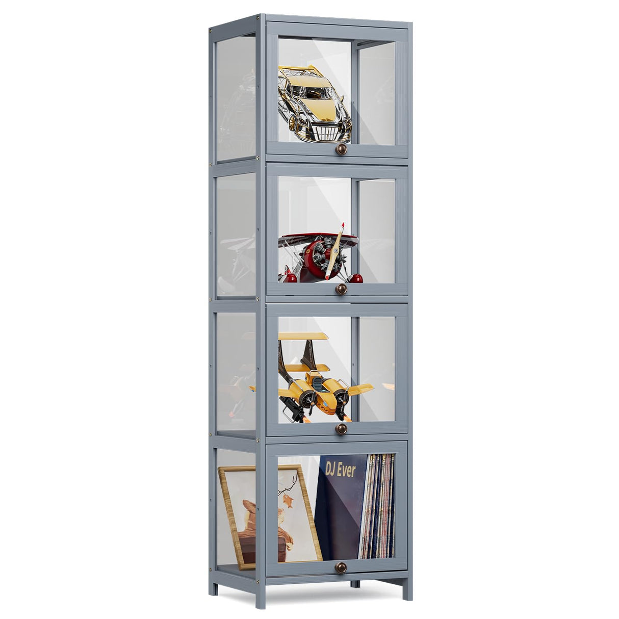 MoNiBloom 55" Tall Slim Narrow Clear Cabinet With Acrylic Door - Curio Display Case, Corner Shelves for Collection, Gray MoNiBloom