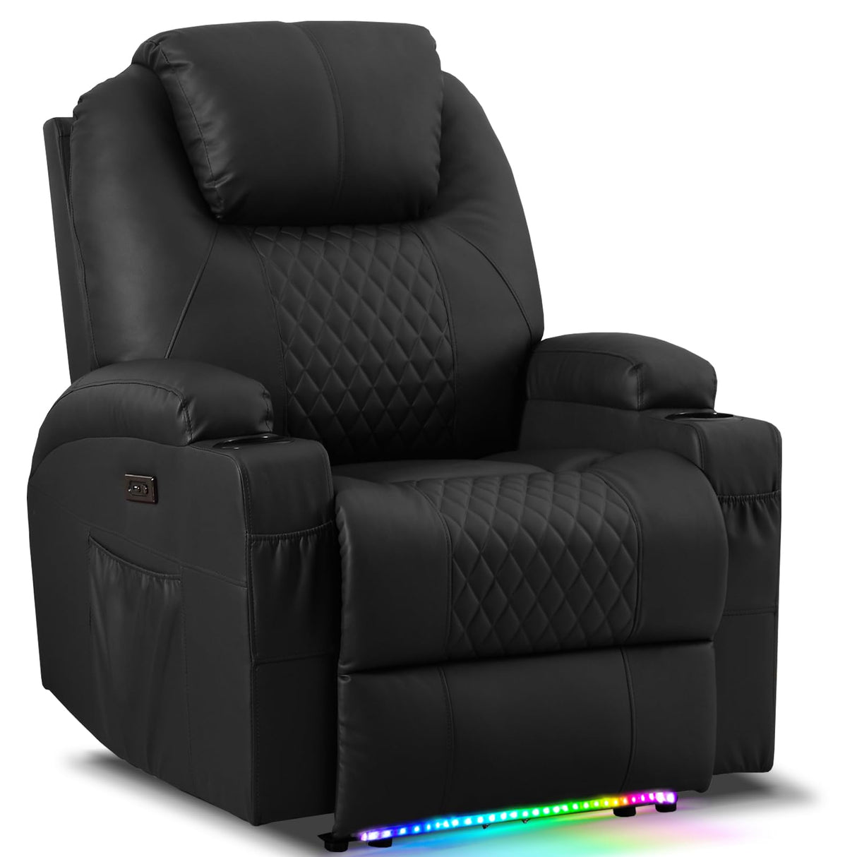 AHMED Power Recliner Chair with Vibration Massage & Heat for Adults, Faux Leather Home Theater Seating with Cup Holders/LED Lights/USB Ports/Side Pockets for Living Room, Black AHMED