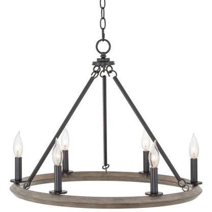 Kira Home Jericho 24" 6-Light Industrial Rustic Farmhouse Wagon Wheel Chandelier, Round Kitchen Island Light, Black + Gray Oak Wood Finish