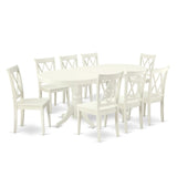 East West Furniture VACL9-LWH-W 9 Piece Dining Table Set Includes an Oval Dining Room Table with Butterfly Leaf and 8 Wood Seat Chairs, 40x76 Inch, Linen White East West Furniture