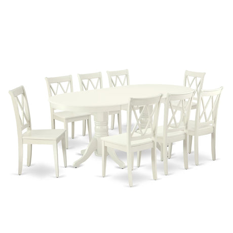 East West Furniture VACL9-LWH-W 9 Piece Dining Table Set Includes an Oval Dining Room Table with Butterfly Leaf and 8 Wood Seat Chairs, 40x76 Inch, Linen White East West Furniture