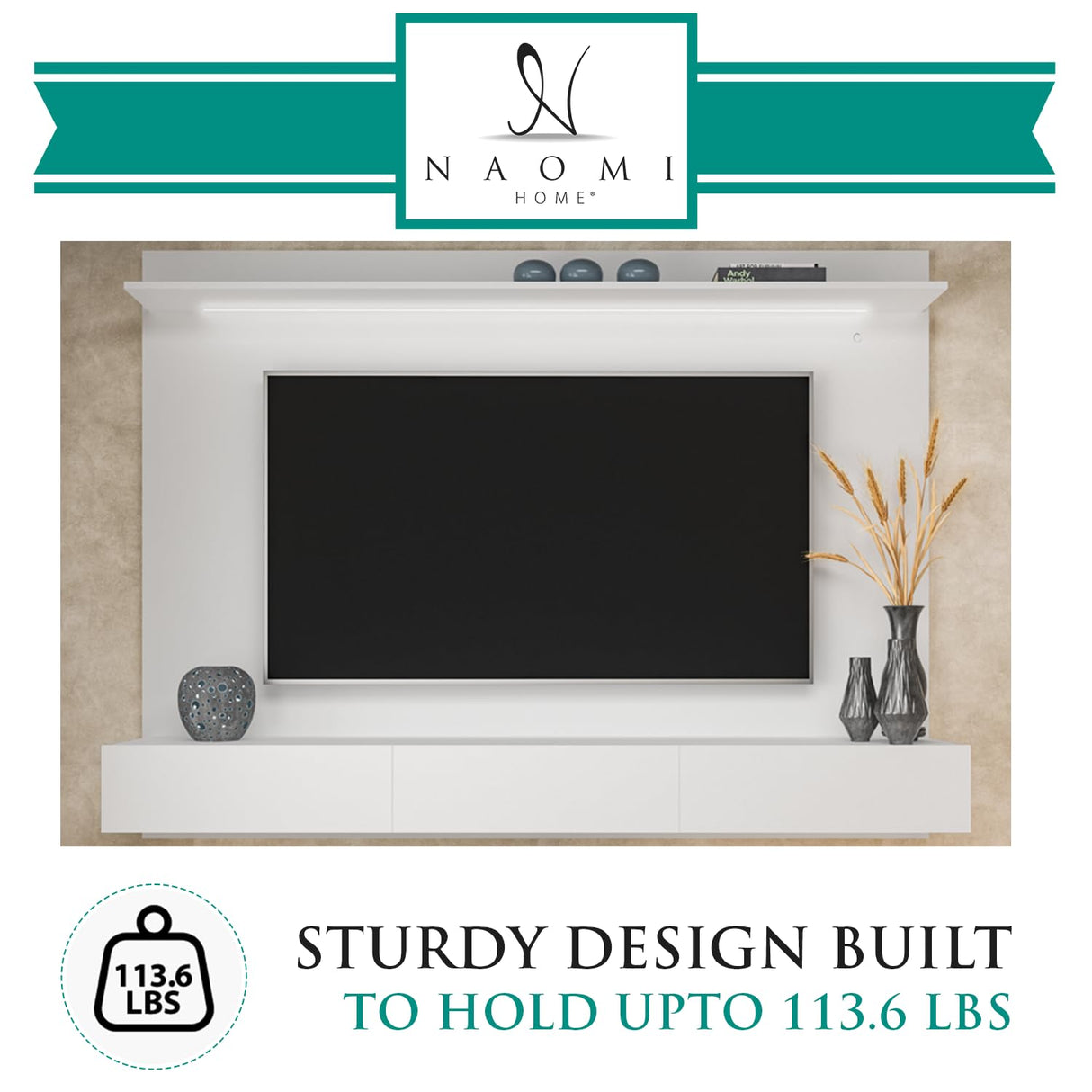 Naomi Home Bliss Modern Freestanding Wall Mounted Entertainment Center Floating TV Wall Panel for 70 inch TVs, Home Theater with LED Strip, Pull-Out Drawers and Overhead Shelf – White, Pine Wood Naomi Home