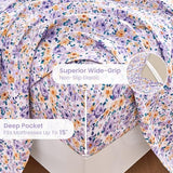 Mooreeke Floral Twin 3 Pieces Bed Sheets, Soft Microfiber Bedding Sheets & Pillowcases, Deep Pocket Non-Slip Vintage Twin Sheet, Purple Yellow Flower Pattern Bedsheets Mooreeke