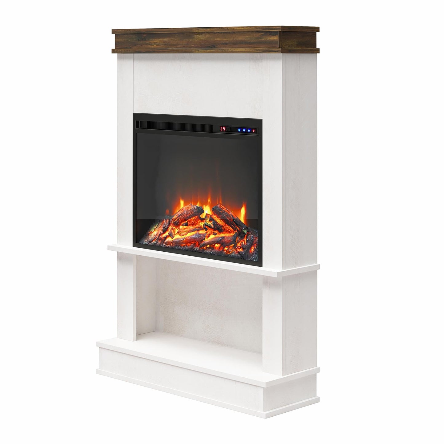 Ameriwood Home Mateo Electric Fireplace with Mantel & Open Shelf, 30", Ivory Oak