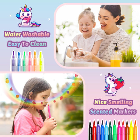 beefunni Unicorn Fruit Scented Markers Set 56 Pcs, Art Supplies for Kids 4-6-8, Arts and Crafts Coloring Set, Markers Pencil Crayon&Gel Pen Drawing Kits - Birthday Gifts for Girls 4 5 6 7 8 Year Old beefunni