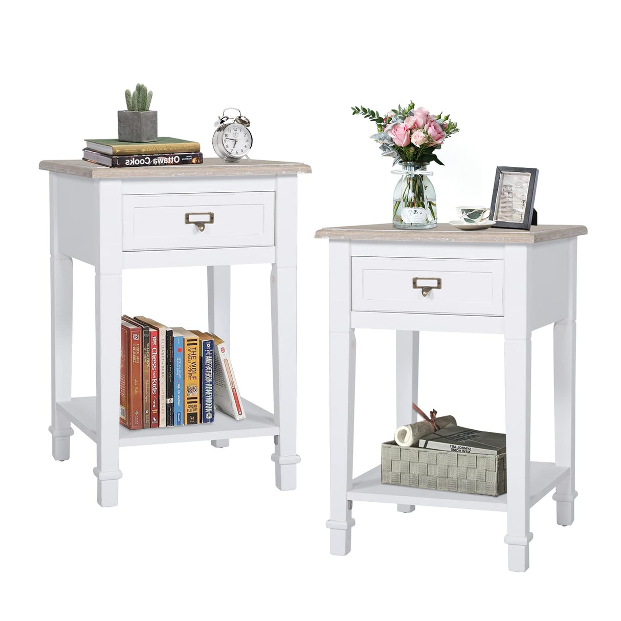Kinfant Farmhouse End Tables Nightstands White Set of 2 - Rustic Wooden Nightstands Set for Bedroom, Living Room Set of 2, White Kinfant