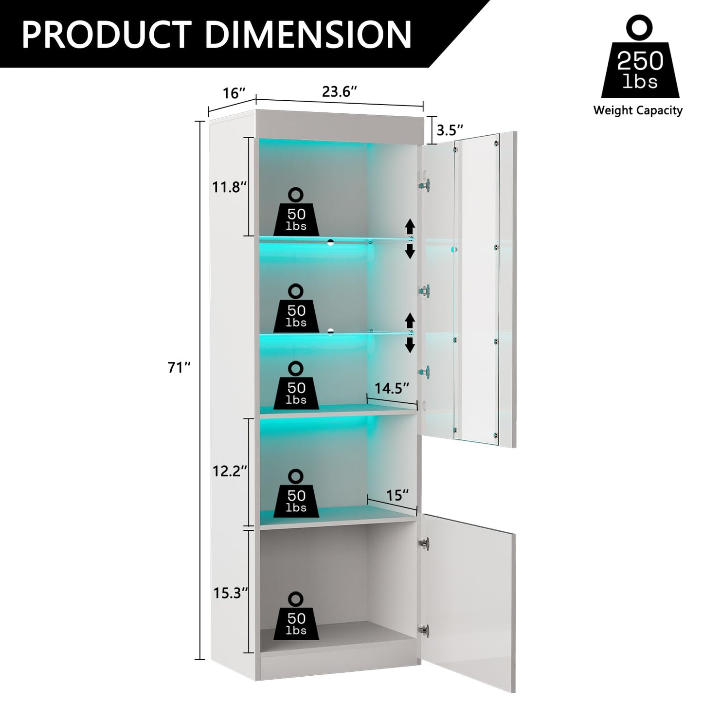 AMERLIFE Modern 71in Tall LED Bookcase Storage Cabinet with Glass Doors - Set of 2 in White - WoodArtSupply