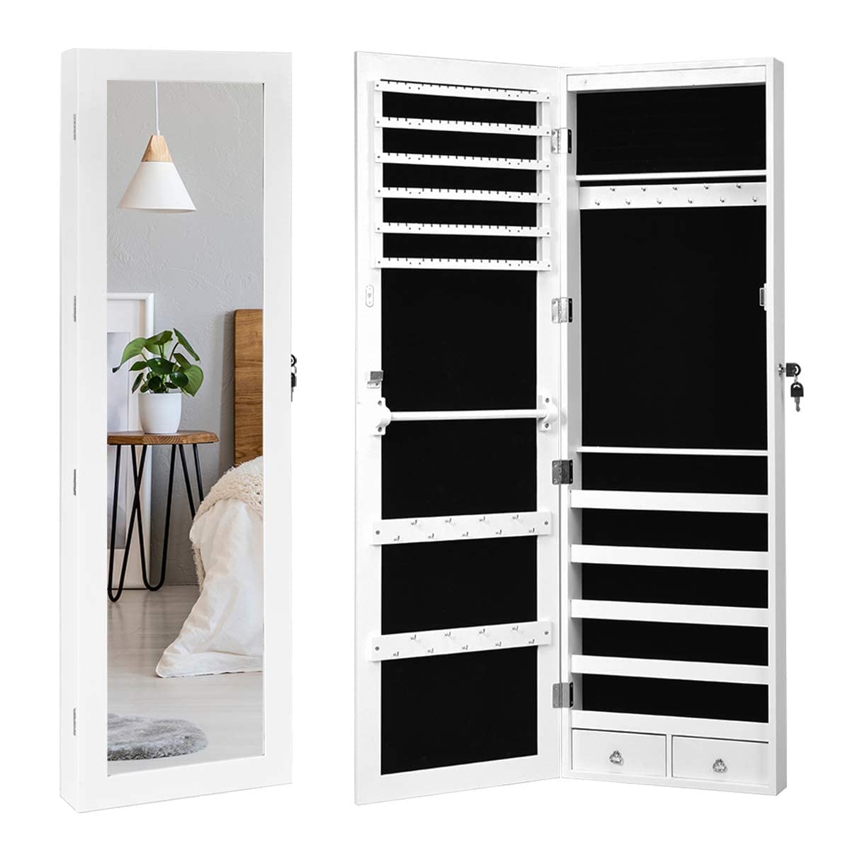 Giantex 15 LEDs Jewelry Armoire, Wall Mounted or Door Hanging, Lockable Jewelry Cabinet with Full Length Mirror, Large Storage Jewelry Organizer Box Armoire for Girls Women (14.5"W x 3.5"D x 47.5"H) Giantex