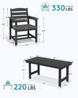 SERWALL Outdoor Dining Set for 6, HDPE Outdoor Furniture with Umbrella Hole & 1 Cushioned Bench & 4 Outdoor Dining Chairs, Black SERWALL