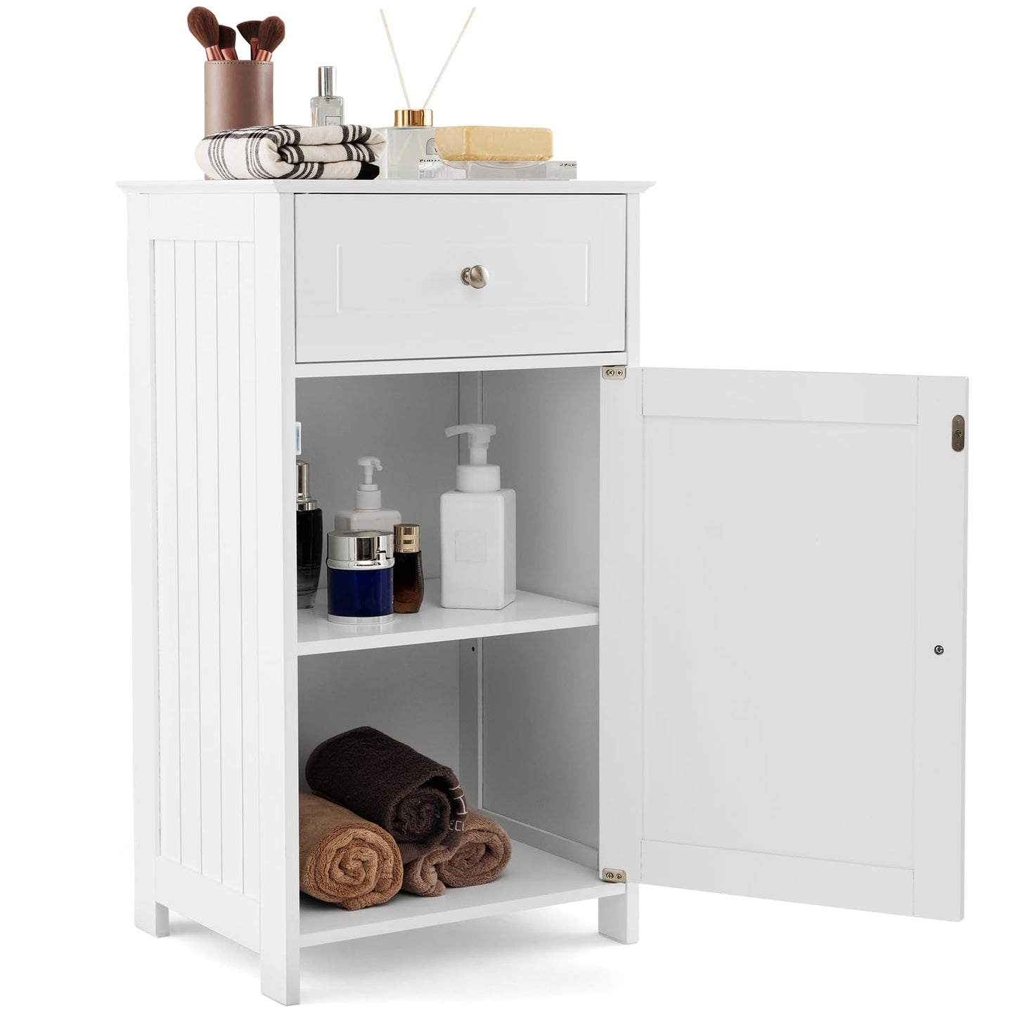 Tangkula Small Bathroom Cabinet for Small Spaces, Freestanding Single Door Bathroom Storage with Adjustable Shelf, Anti-tipping Device, Smooth Drawer, Floor Cabinet for Bathroom Living Room