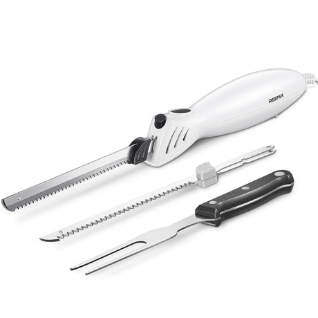Reemix Electric Knife, Z3042 Electric Knife Set for Carving Meats, Poultry, Bread, Crafting Foam & More, 2 Blades for Meats & Bread, Fork Included (White) Reemix