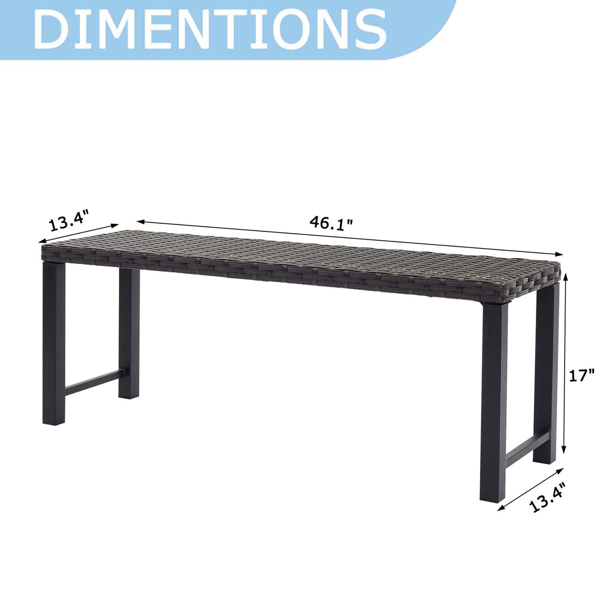 46” Black Rattan Bench with Metal Legs, Wicker Frame Patio Bench for Hallway, All Weather Outdoor Bench for Garden, Backyard, Porch Puntogen