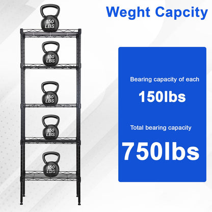 Metal Frame Storage Shelves 5-Tier Wire Shelving NSF Certified Storage Rack Shelf Heavy Duty Storage Shelf with Leveling Feet for Home Kitchen Garage, 12" Dx17 Wx48 H, Black