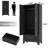 Baborokic Metal Wardrobe Cabinet,71 Armoire Wardrobe Closet with Drawers and Hanging Rod,Metal Armoire with Adjustable Shelves for Closet,Bedroom,Farmhouse Storage Cabinet with Drawer(Black) Baborokic