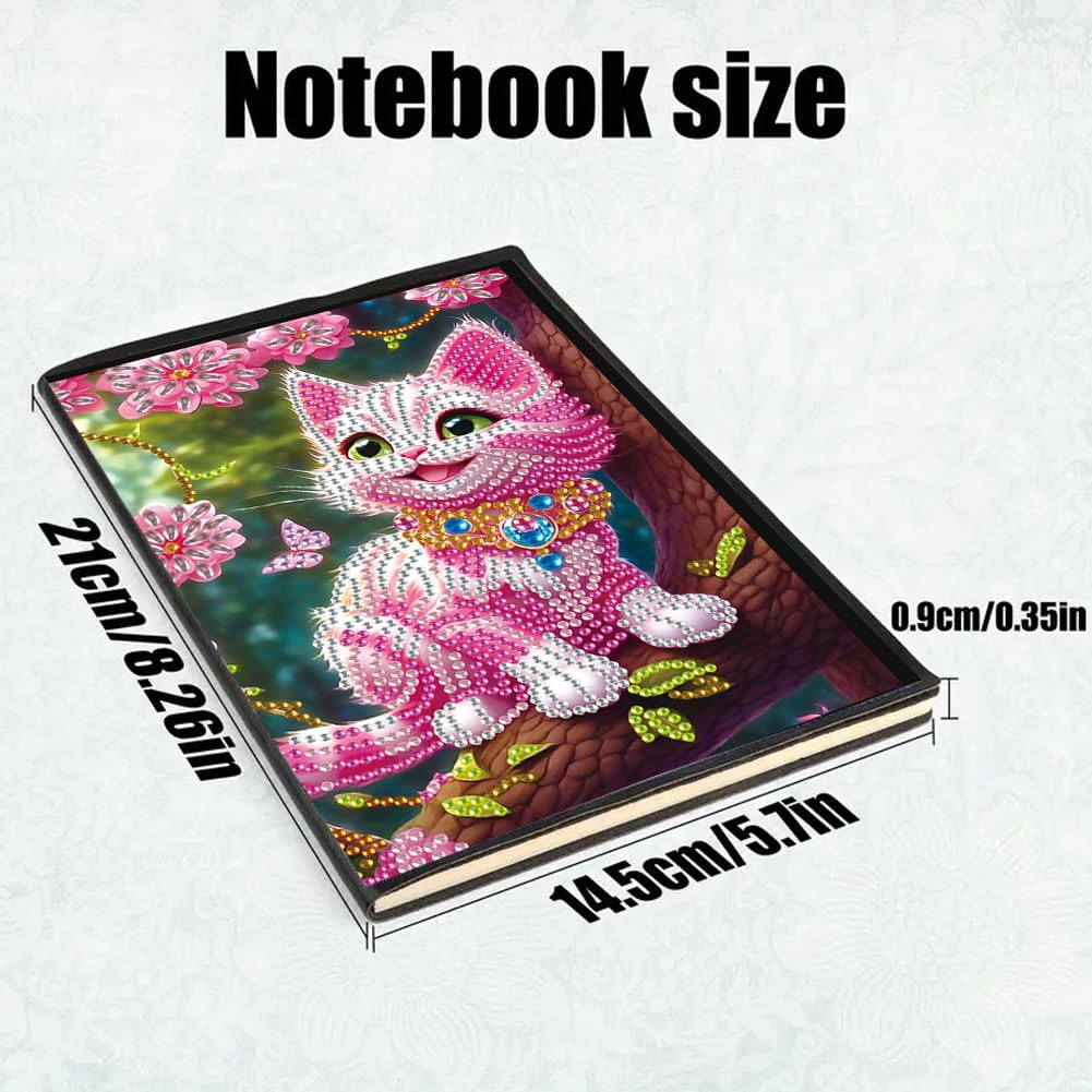 5D Diamond Art Painting Notebook Kits 50 Pages A5 Special Shaped Pink Cat Pattern Diamond Inlaid Handmade Notepad Drill Painting Wireless Strip Diary Book Birthdays Gifts for Teens Generic