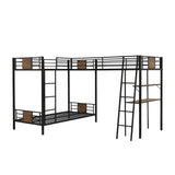 Merax Metal L-Shaped Twin Over Twin Bunk Bed with a Twin-Size Loft Bed Attached, Triple Bunk Bed with Desk and Shelf for Teens, Adults, Black and Brown Wood Merax