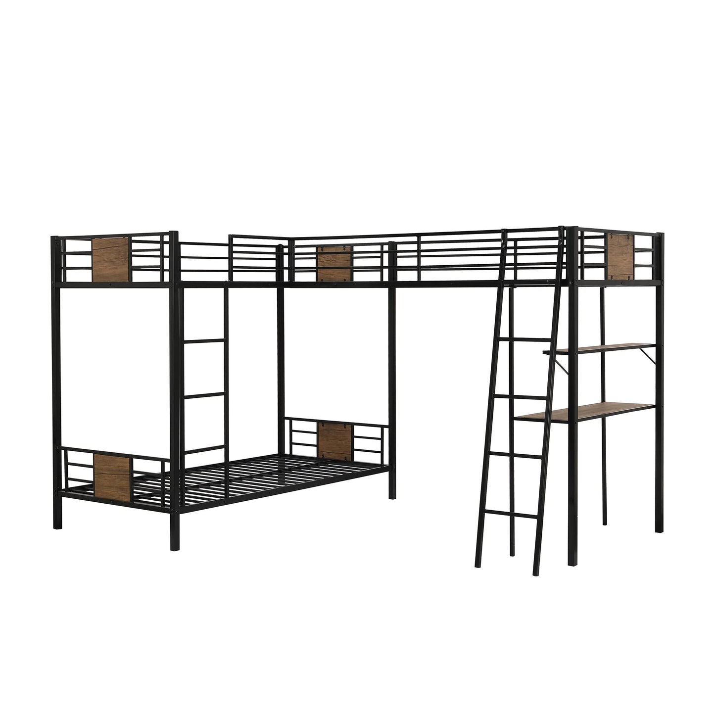 Harper & Bright Designs Metal Triple Bunk Bed with Desk, L-Shape Twin Bunk Bed and High Loft Bed with Storage Shelves, 3 Bunk Beds for Kids Teens Boys & Girls (3 Beds in 1, Brown)