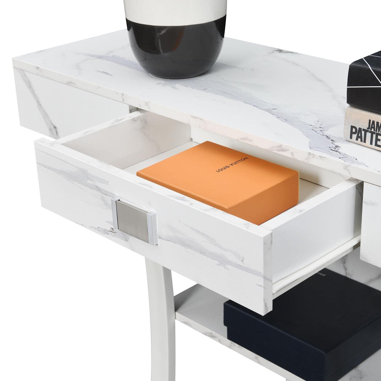 Convenience Concepts Newport Console Table with Shelves, White Faux Marble/White Convenience Concepts