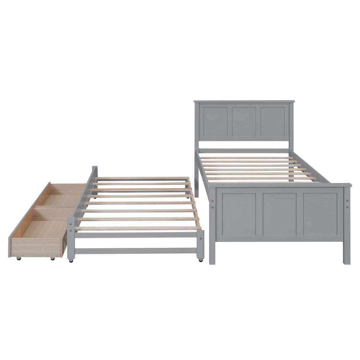 Merax Wood Farmhouse Platform Bed with Trundle and 2 Drawers Twin Daybed Frame with Headboard for Kids Teens Adults/No Box Spring Needed, Grey Merax