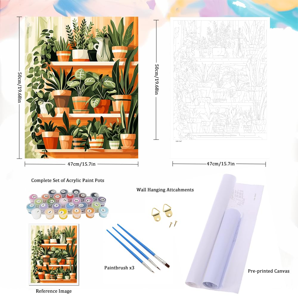 Natuyalo Paint by Numbers for Adults - DIY Adult Paint by Number Kits Painting on Canvas Green Plant Painting by Numbers for Beginners, Potted Art Craft Kits for Adults (16x20 Inch) Natuyalo